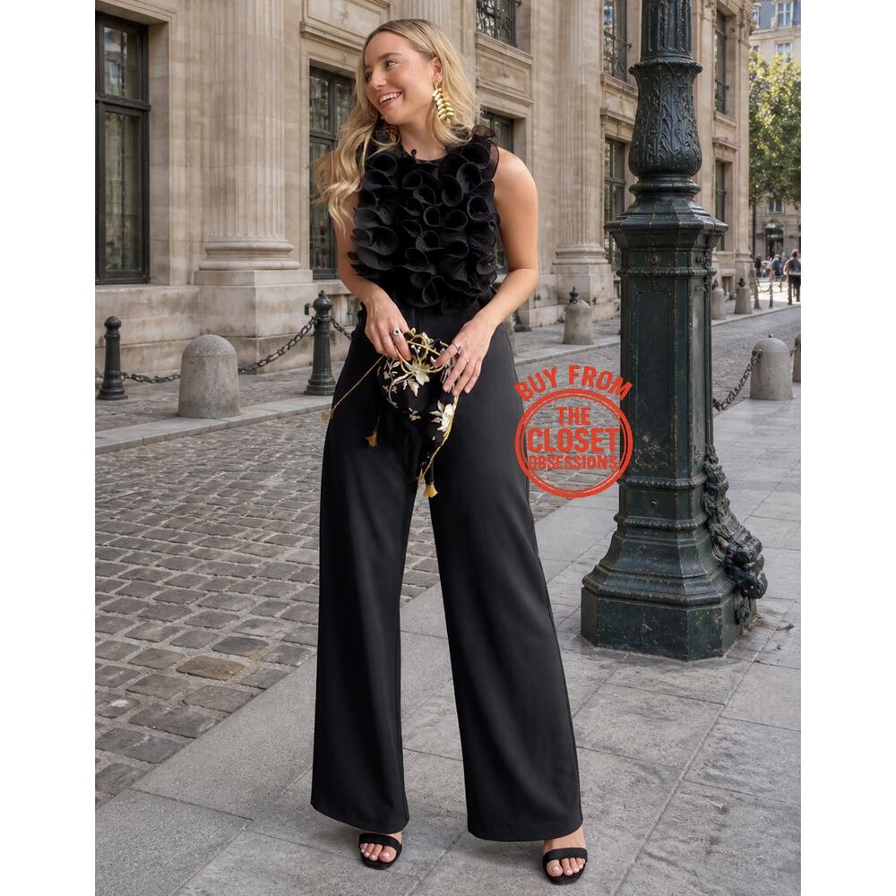 Zara Black Ruffle Wide Leg Jumpsuit Belted Sleeveless Elegant Evening Size M NWT - Picture 3 of 16